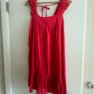 Bright Pink Preppy Ruffle Linen Summer Dress- Ties in the back